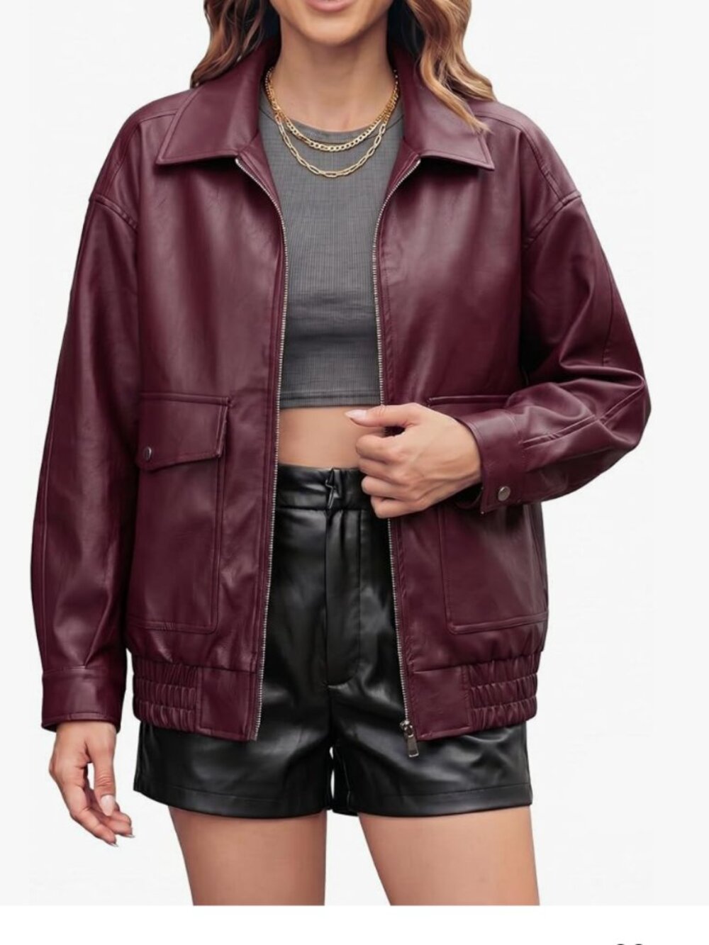 Women's Vanmolrsa Oversized Leather Jacket Burgundy Size L            P#636@CMK